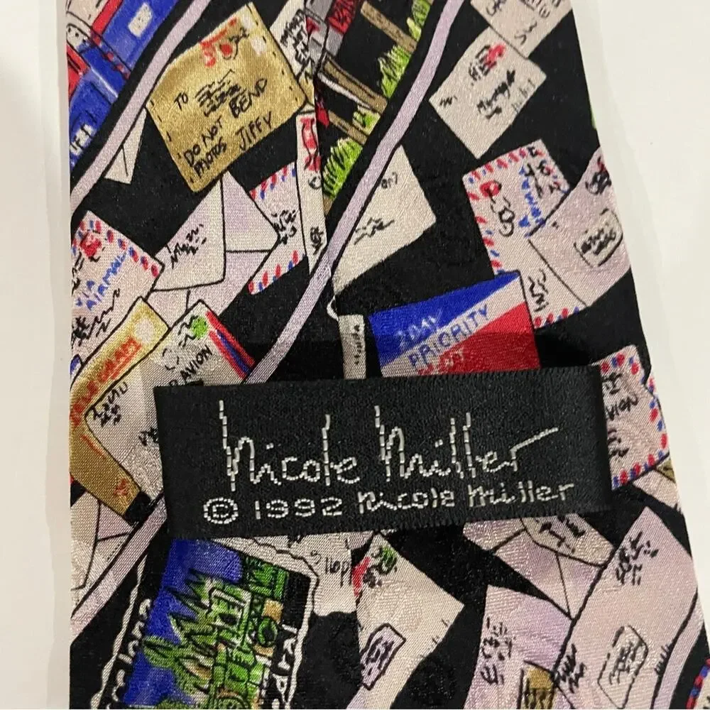Vintage Nicole Miller 100% Silk Multicolor Postage Envelop Print‎ Tie